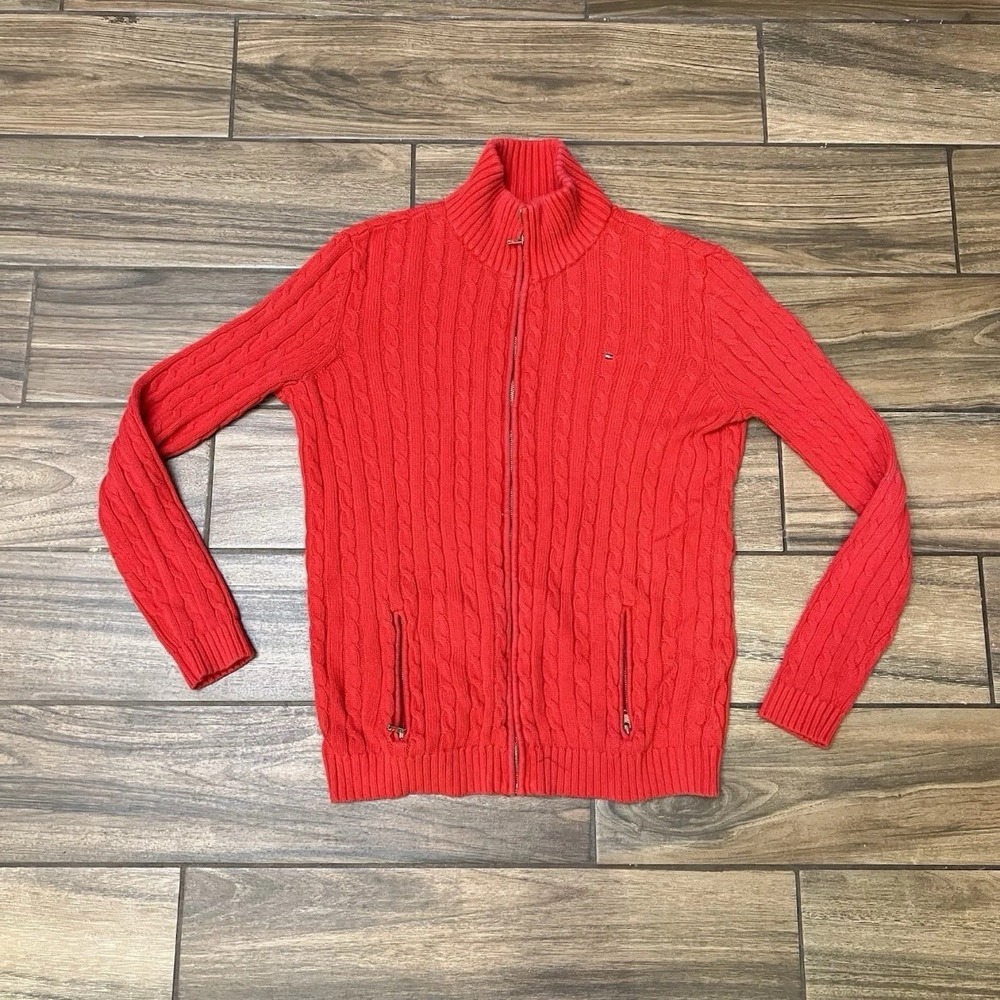 Tommy Bahama Full Zip Sweater Womens M Red Cable Knit Mock Neck Cotton